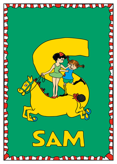 Pippi and a friend ride the horse Lilla Gubben on top of a large yellow S. Name: Sam. 