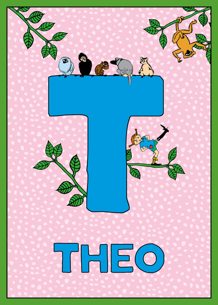 Pippi climbs a branch next to a big blue T surrounded by animals. Name: Theo.
