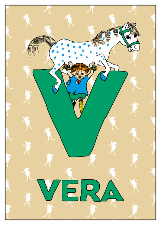 Pippi lifts Lilla Gubben above a giant green V. Name: Vera.