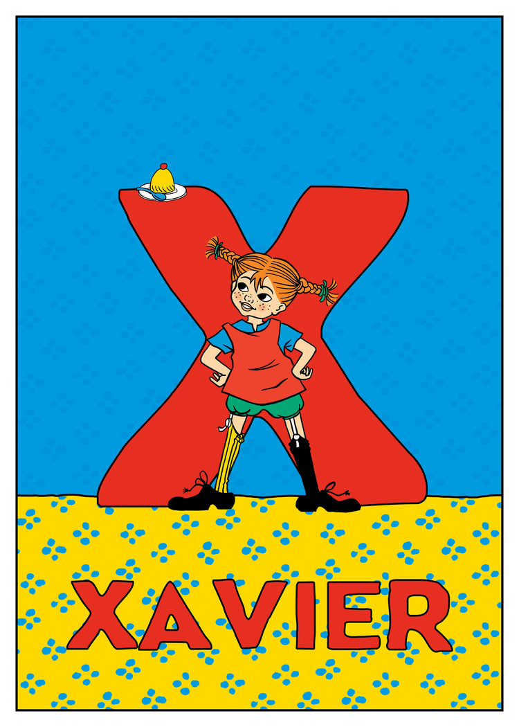 Pippi stands confidently in front of a large red X with a dessert on top. Name: Xavier. 
