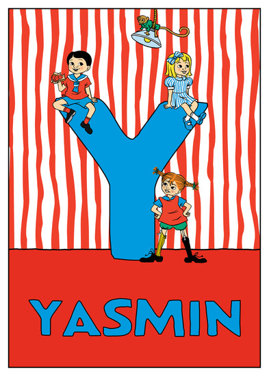 Children sit and climb on a large blue Y while Mr. Nilsson swings above. Name: Yasmin. 
