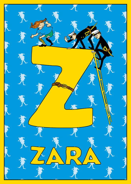 Pippi dances atop a large yellow Z while policemen climb a ladder toward her. Name: Zara. 