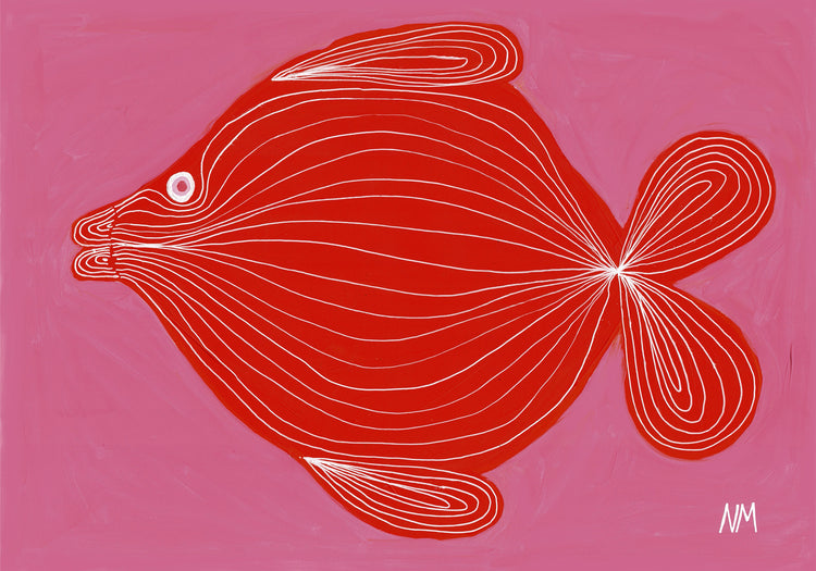 colorful poster with a painted red fish on pink background