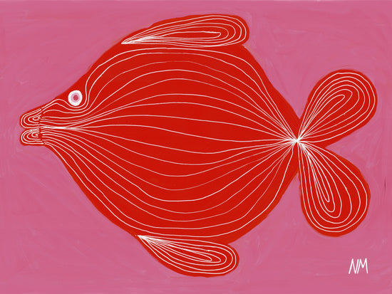colorful poster with a painted red fish on pink background