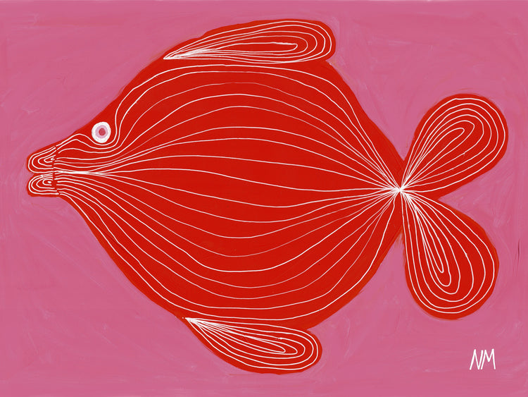 colorful poster with a painted red fish on pink background