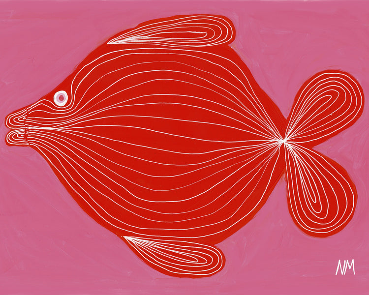 colorful poster with a painted red fish on pink background