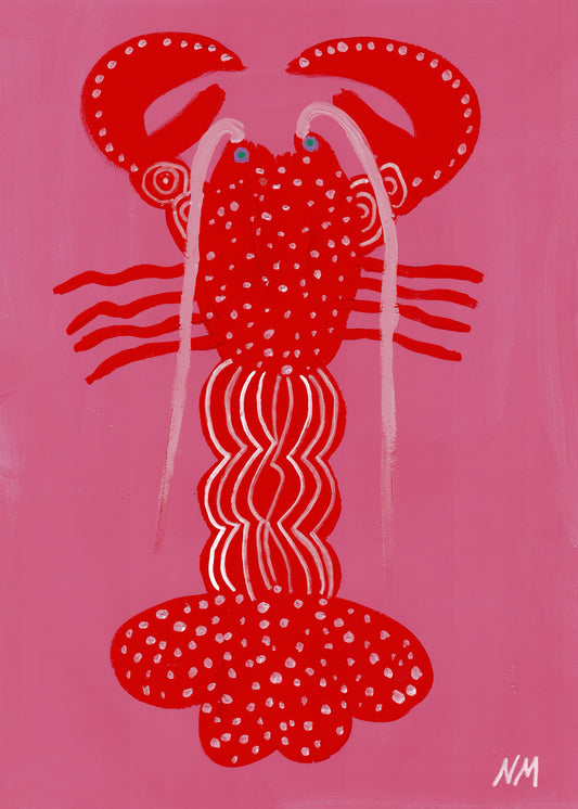 poster with a painted red lobster on pink background