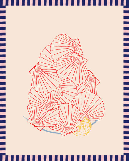 Abstract drawing of red outlined scallop shells in a pyramid on beige, resembling a French market with a lemon slice at the base and blue and pink striped border. Product: Saint-Jacques du Marché Poster.