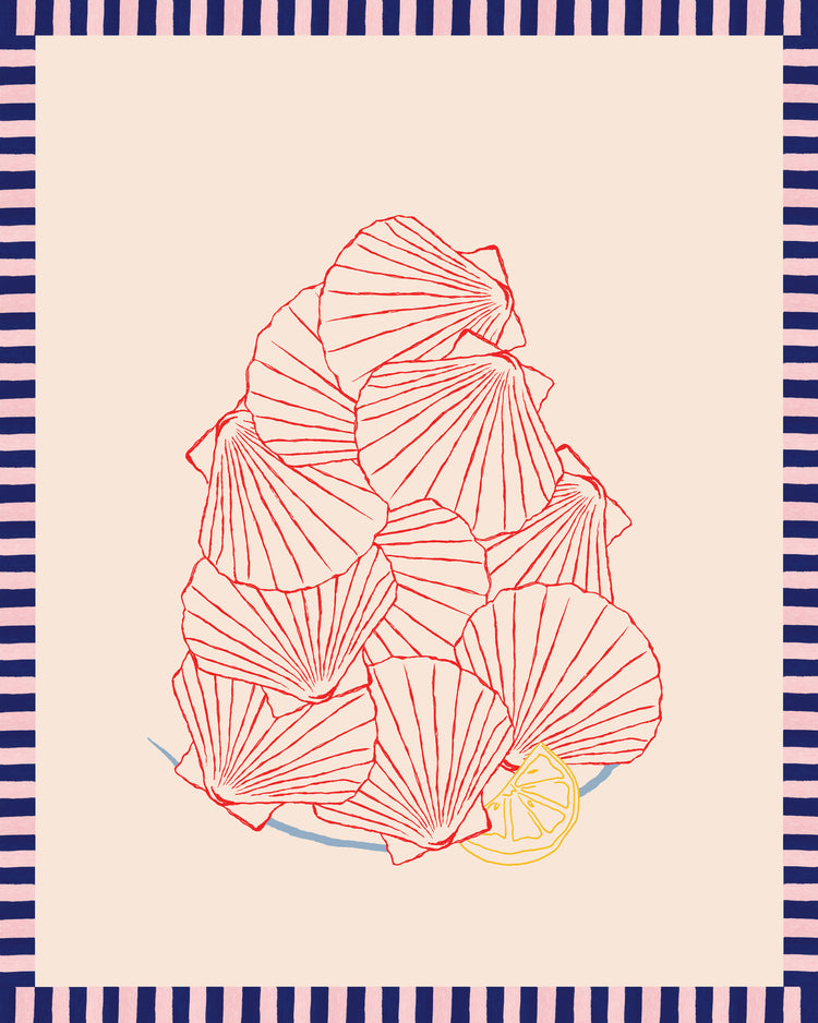 Abstract drawing of red outlined scallop shells in a pyramid on beige, resembling a French market with a lemon slice at the base and blue and pink striped border. Product: Saint-Jacques du Marché Poster.
