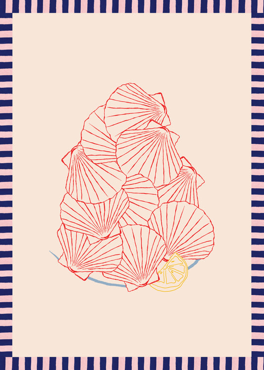 The Saint-Jacques du Marché Poster depicts fresh scallops on a plate with a lemon slice, surrounded by bold pink and navy stripes, capturing the lively essence of a French market.