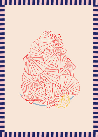 The Saint-Jacques du Marché Poster features fresh scallops artfully arranged with a lemon slice, evoking a French market vibe on a beige backdrop. It is framed with thick and thin navy blue and pink stripes, using a unique collage technique.