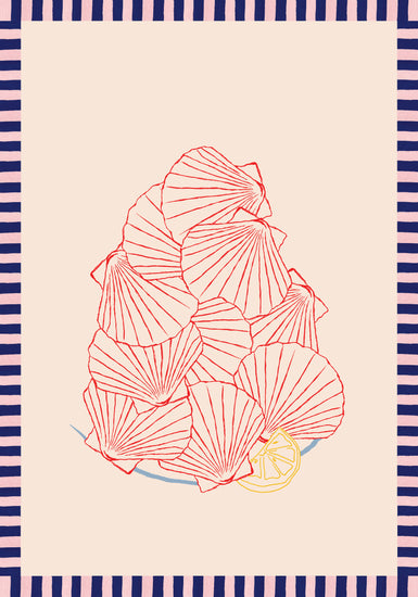 The Saint-Jacques du Marché Poster features a stack of red line-drawn scallops on a plate with lemon slices beneath, set against a neutral background bordered by alternating black and pink stripes, echoing the vibrant hues of a French market.