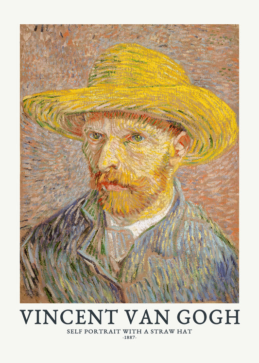 A poster featuring Vincent van Gogh's self-portrait with a straw hat, predominantly in warm colors with bold brushstrokes.
