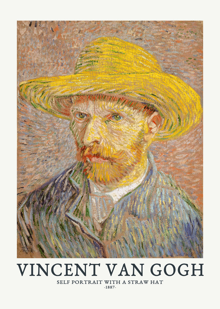 A poster featuring Vincent van Gogh's self-portrait with a straw hat, predominantly in warm colors with bold brushstrokes.