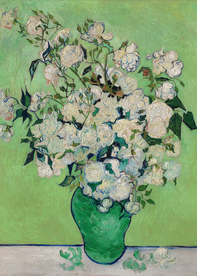 Famous painting of white flowers in a green vase on a green background.