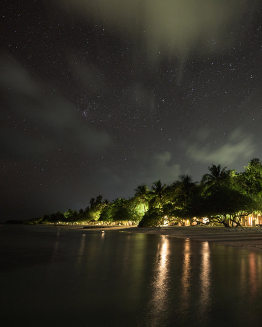 Paradise island with palm trees and white sand under a star strewn sky.