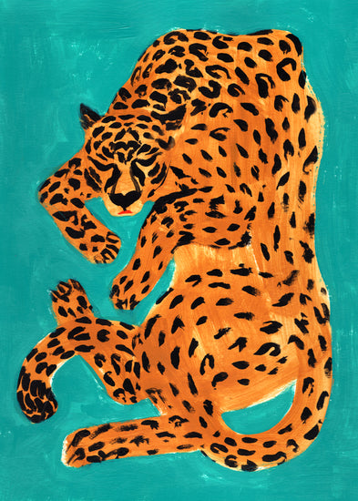 Painting of a sleeping orange leopard surrounded by a turquoise background.