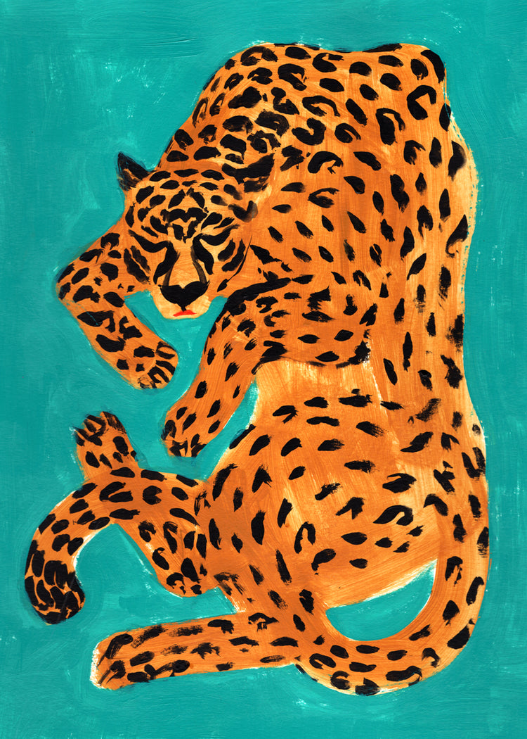 Painting of a sleeping orange leopard surrounded by a turquoise background.
