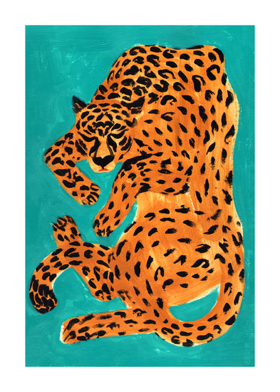 Painting of a sleeping orange leopard surrounded by a turquoise background.