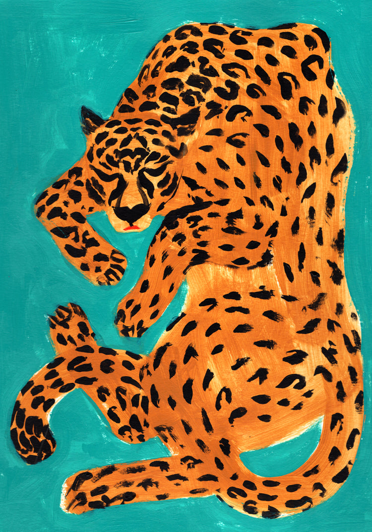 Painting of a sleeping orange leopard surrounded by a turquoise background.
