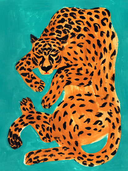 Painting of a sleeping orange leopard surrounded by a turquoise background.