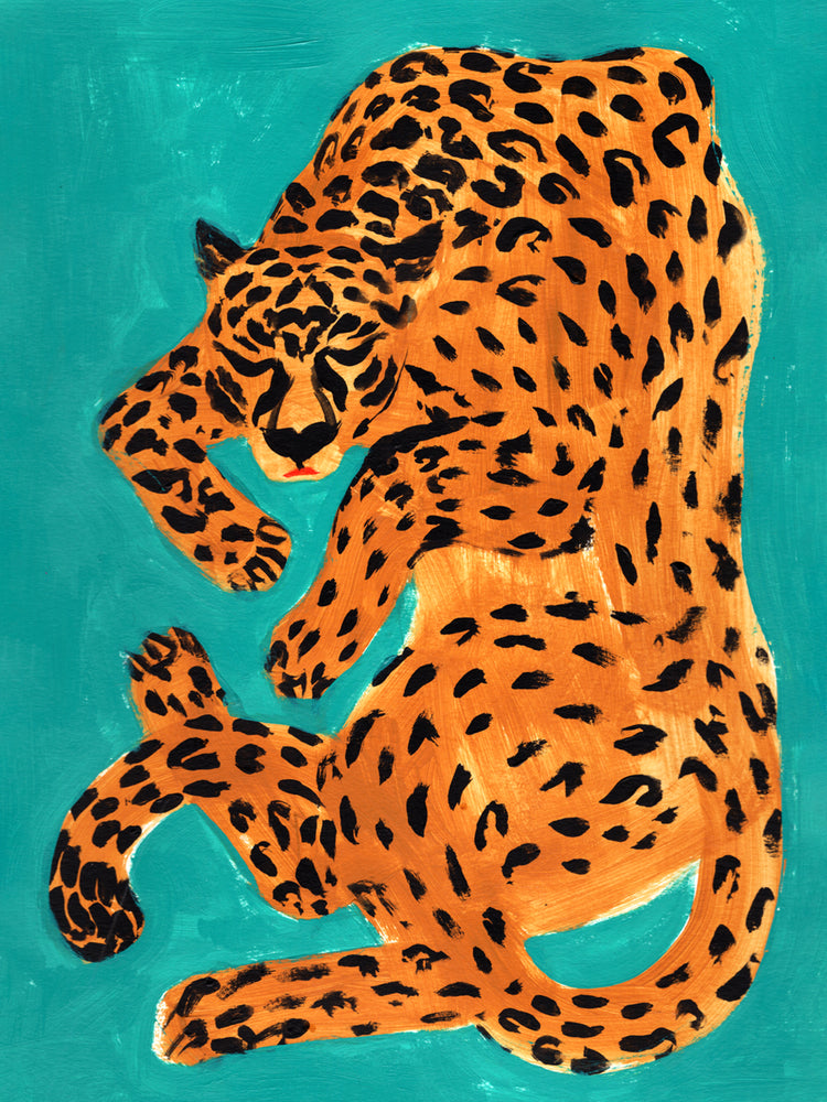 Painting of a sleeping orange leopard surrounded by a turquoise background.