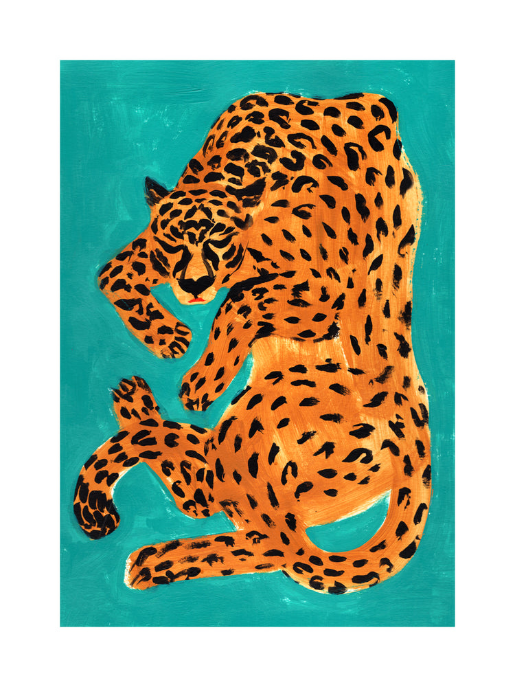 Painting of a sleeping orange leopard surrounded by a turquoise background.
