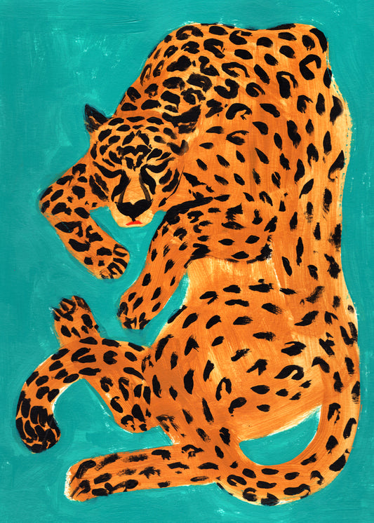 Painting of a sleeping orange leopard surrounded by a turquoise background.