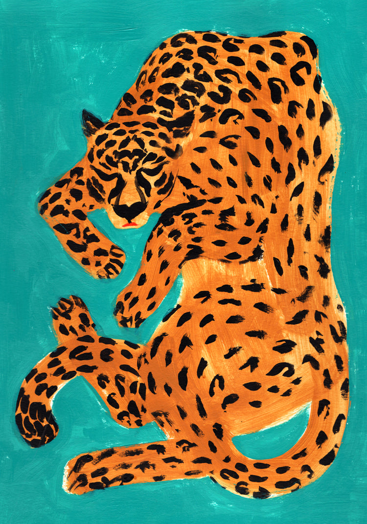Painting of a sleeping orange leopard surrounded by a turquoise background.
