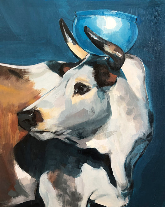 Painting of a bull balancing a blue bowl on its head.