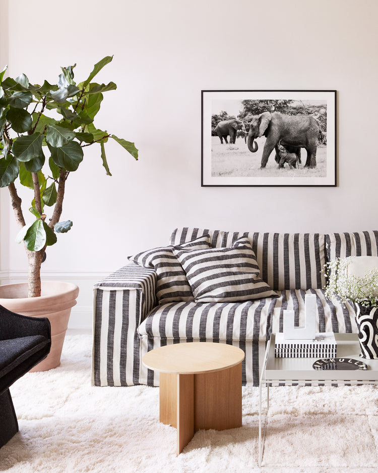 In a modern living room, a striped sofa sits beside two small tables—one wooden and one glass. A potted plant adds natures touch, while a Happy Mothers Day Poster adorns the wall above a plush, light-colored rug.