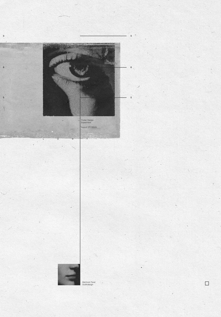 White canvas with two framed photographs in black and white and thin black lines.