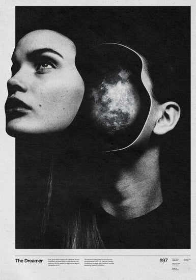 Face of a woman floating in front of her head filled with sparkling dreams.