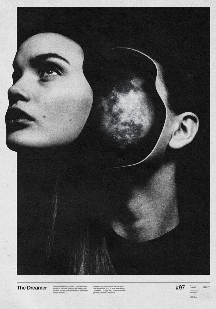 Face of a woman floating in front of her head filled with sparkling dreams.