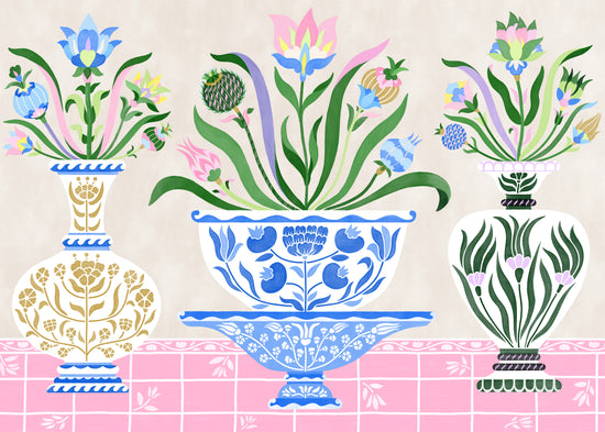 The Ceramics Poster depicts three decorative vases with intricate blue, gold, and black Persian-style floral patterns. Each vase contains vibrant green leaves and colorful flowers, set against a pink tiled background.