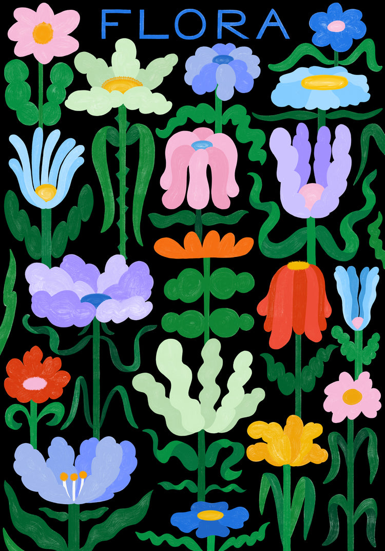 The Flora on Black Poster features colorful stylized flowers in shades of pink, blue, orange, yellow, and red against a black background. Accented by green stems and leaves, FLORA tops the design in elegant handwritten blue typography.
