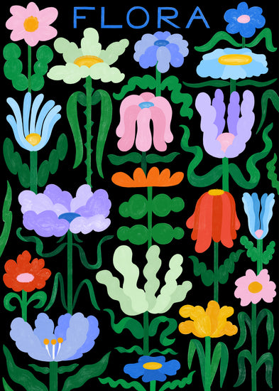The Flora on Black Poster features vibrant, stylized flowers in bold greens, blues, pinks, yellows, and reds with wavy green stems against a black background. Flora is elegantly penned in handwritten typography at the top of the poster.
