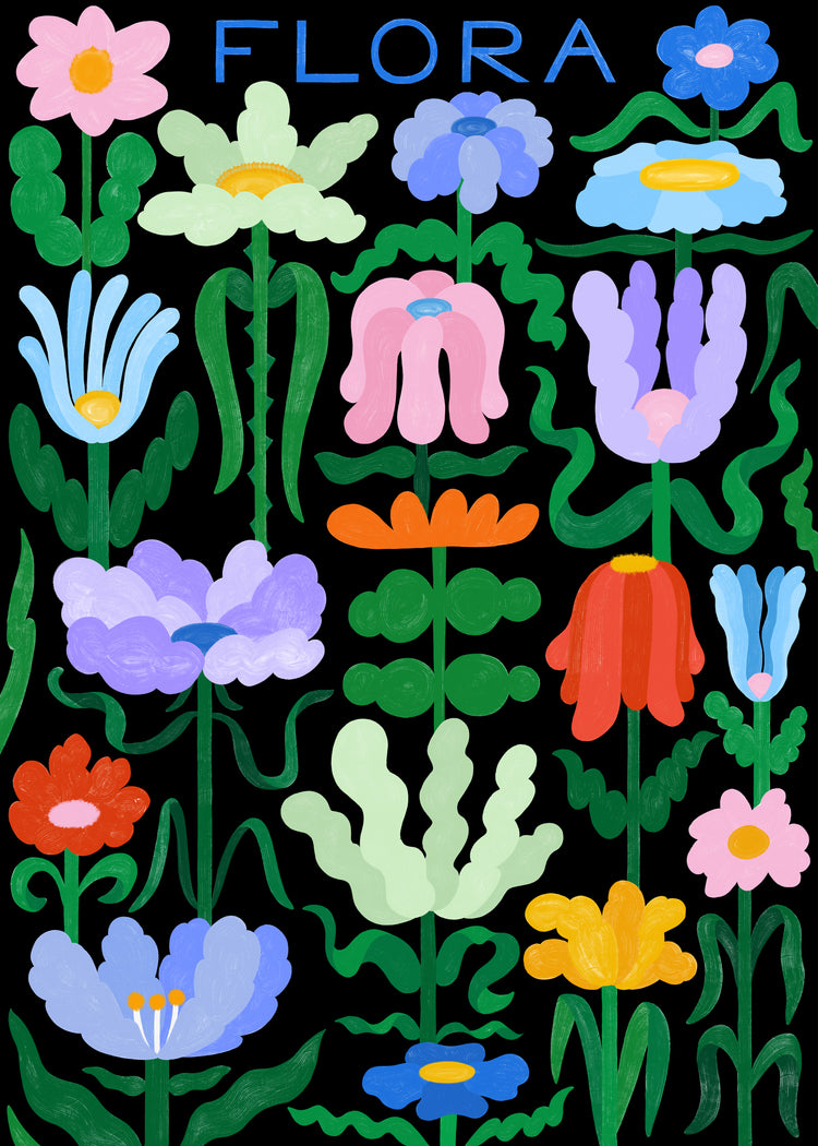 The Flora on Black Poster features vibrant, stylized flowers in bold greens, blues, pinks, yellows, and reds with wavy green stems against a black background. Flora is elegantly penned in handwritten typography at the top of the poster.