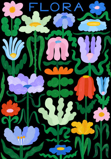 The Flora on Black Poster features colorful abstract flowers with green stems on a black background, highlighted by FLORA in blue at the top. The vibrant and whimsical design captivates with various shapes and sizes of flowers.