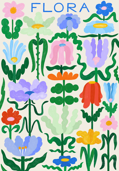 The Flora on White Poster features a vibrant illustrated array of colorful, stylized flowers with exaggerated shapes and hues, accompanied by rich green leaves and stems, topped with the word FLORA in handwritten typography.