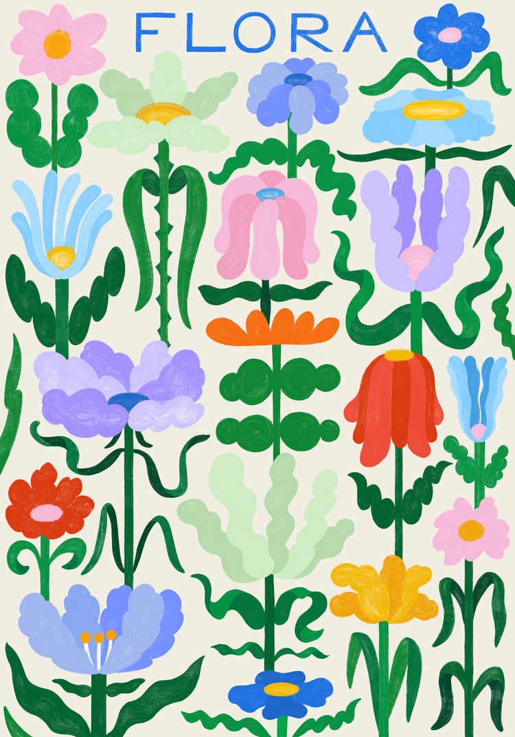 The Flora on White Poster features a vibrant illustrated array of colorful, stylized flowers with exaggerated shapes and hues, accompanied by rich green leaves and stems, topped with the word FLORA in handwritten typography.