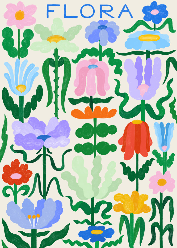 The Flora on White Poster showcases a colorful, abstract floral illustration with whimsical flowers and green leaves on a light background. FLORA, in blue handwritten typography, tops the vibrant design dominated by bright reds, blues, pinks, purples, oranges, and greens.
