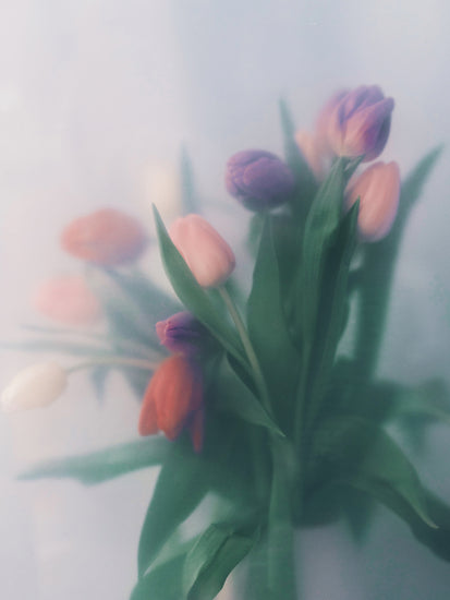 Blurry bouquet of colorful tulips with green leaves.