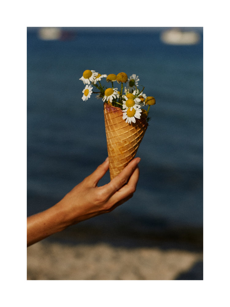 Ice cream cone full of white flowers in front of a blue sea.