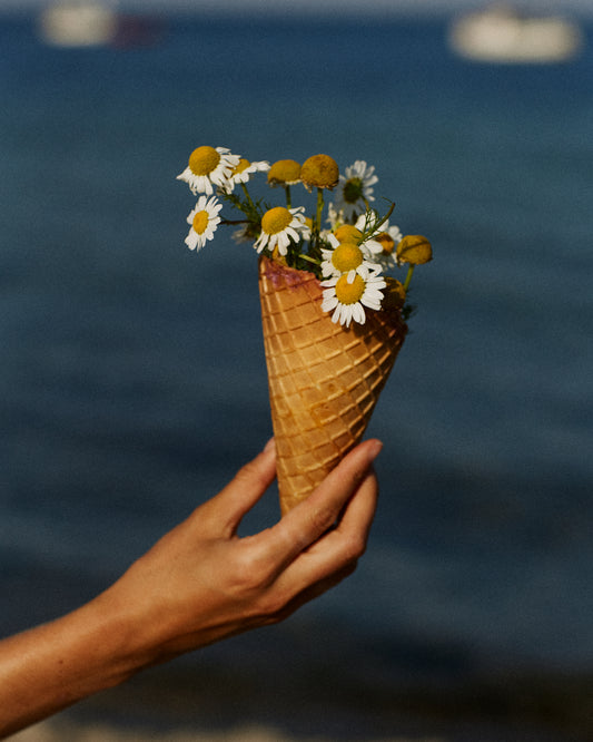 Ice cream cone full of white flowers in front of a blue sea.