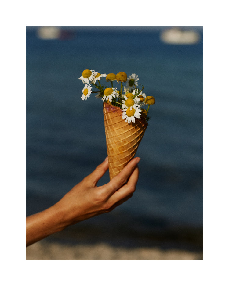 Ice cream cone full of white flowers in front of a blue sea.
