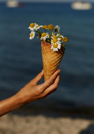 Ice cream cone full of white flowers in front of a blue sea.
