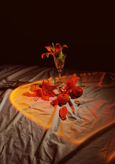 The Insomnia of the Flowers Poster showcases a still life with orange lilies in a glass on draped fabric, surrounded by scattered lilies and small pumpkins. Warm, dramatic lighting enhances the cozy autumnal atmosphere.