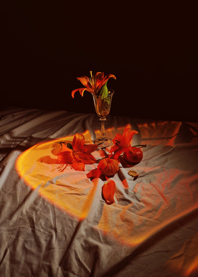 The Insomnia of the Flowers Poster showcases a still life with red lilies in a tall glass, a small red pumpkin, and scattered petals on draped fabric. Warm lighting bathes the scene in an orange glow and shadows, producing a dramatic, artistic effect.