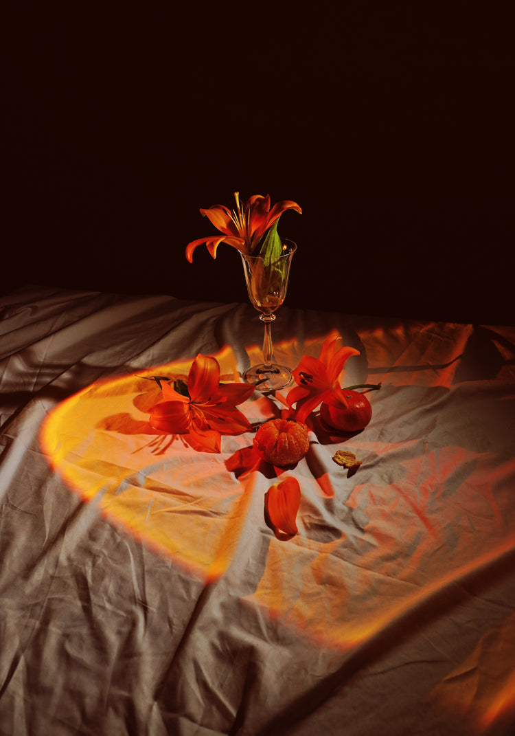 The Insomnia of the Flowers poster showcases a dimly lit scene with red lilies in a glass vase on draped fabric, surrounded by scattered petals and a small pumpkin. Warm, moody lighting adds dramatic shadows and highlights to the vibrant flowers.